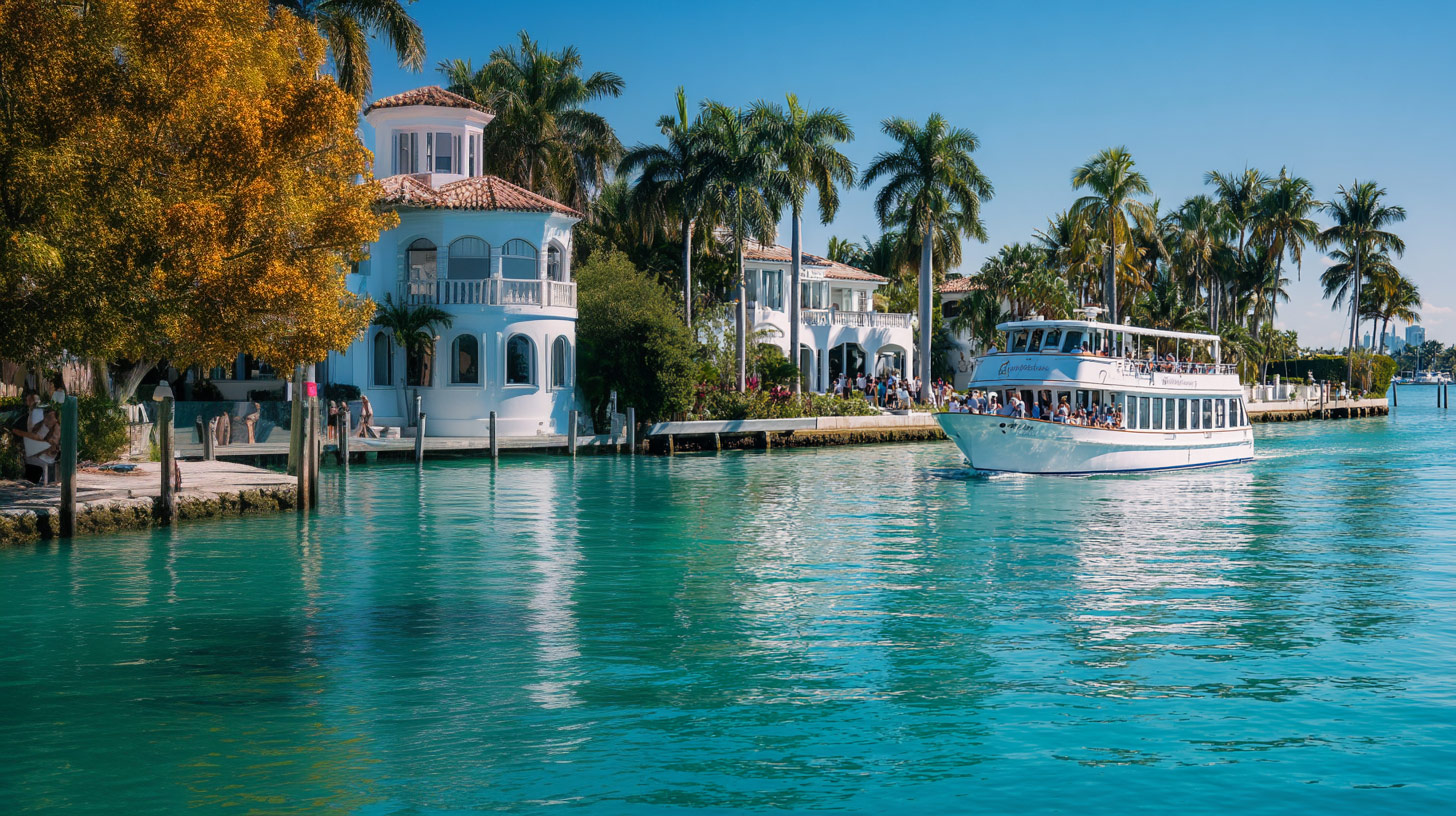 A boat passes by a celebrity mansion in Miami.