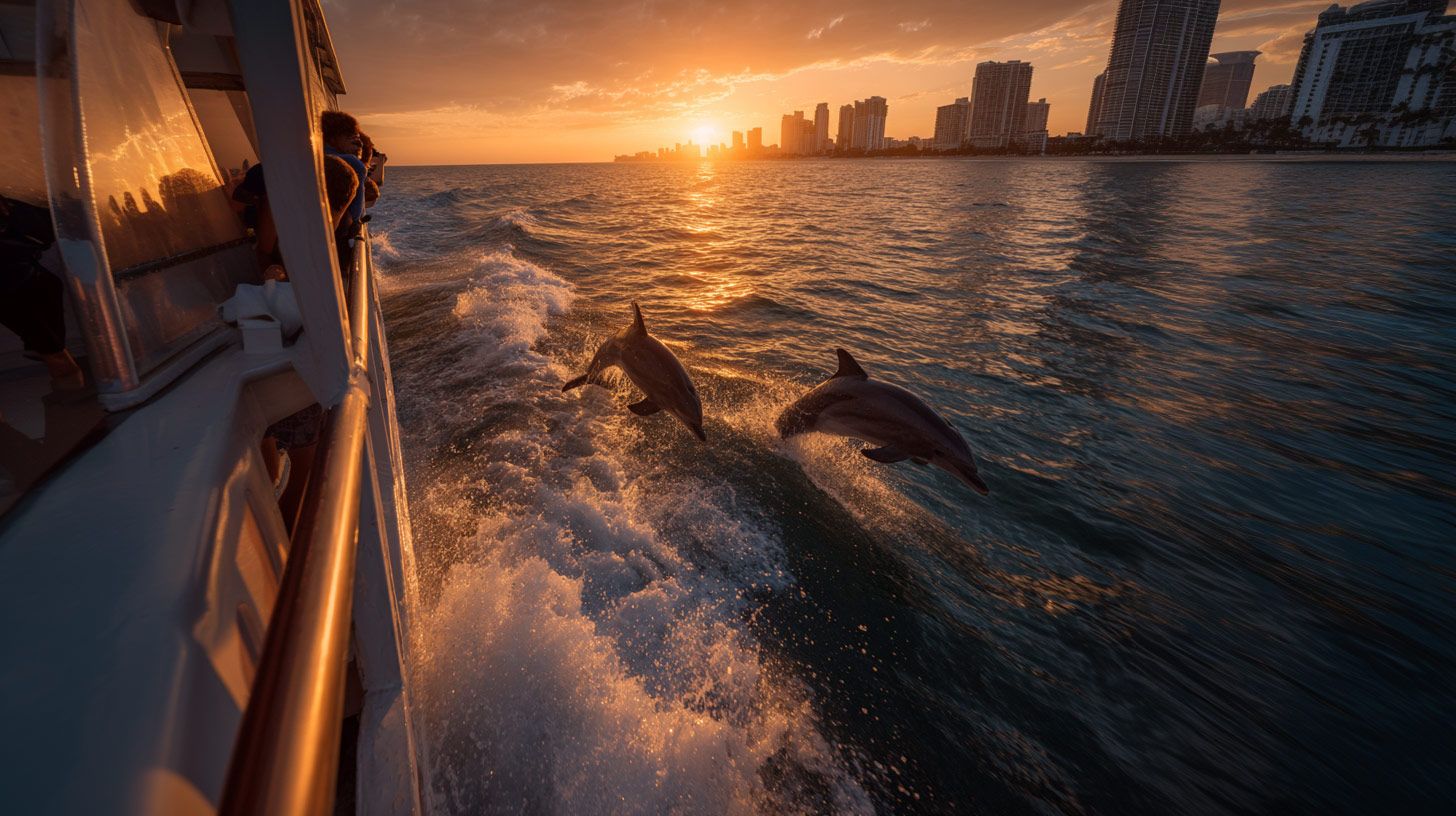 A pair of dolphine breach the water along a miami sightseeing boat.