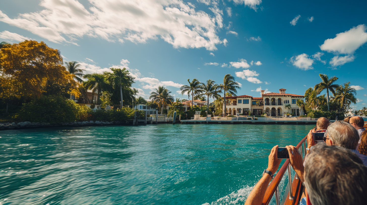 Guests take photos of a mega mansion on Palm Island.   