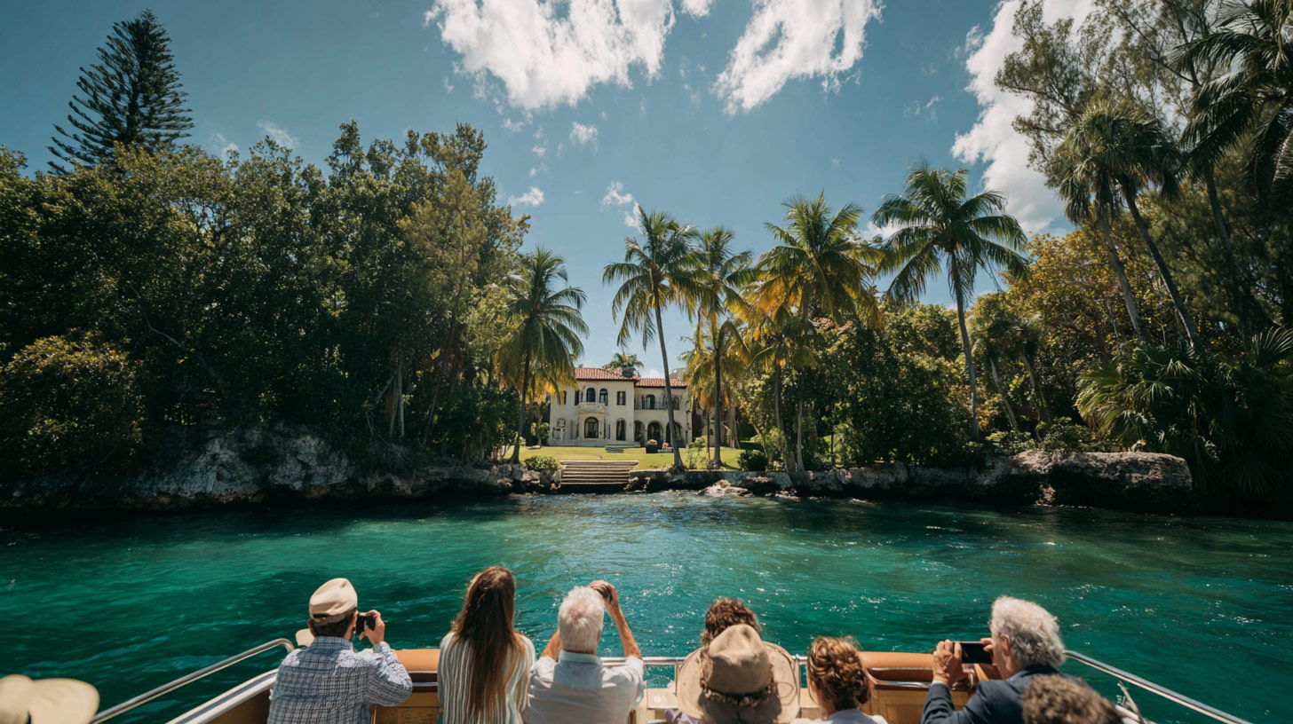 A group of visitors take photos from the bow of the boat.