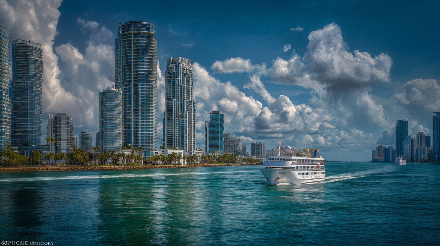 A visitor takes of photo on the stern of the Miami Architecture Cruise boat looking at Miami Beach. 
