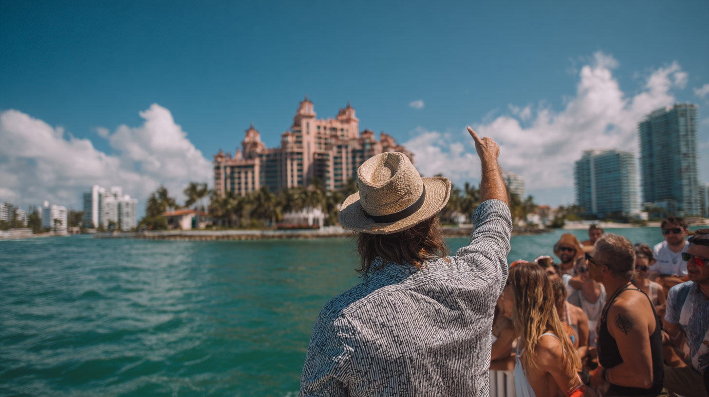 A tour guide wearing a hat points out highlights seen on the Miami Boat Cruise.