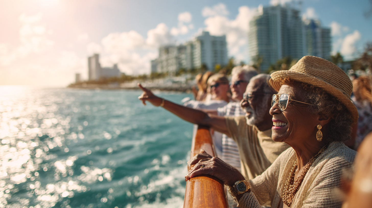 An older couple enjoy the sights seen around Miami during a sightseeing cruise.