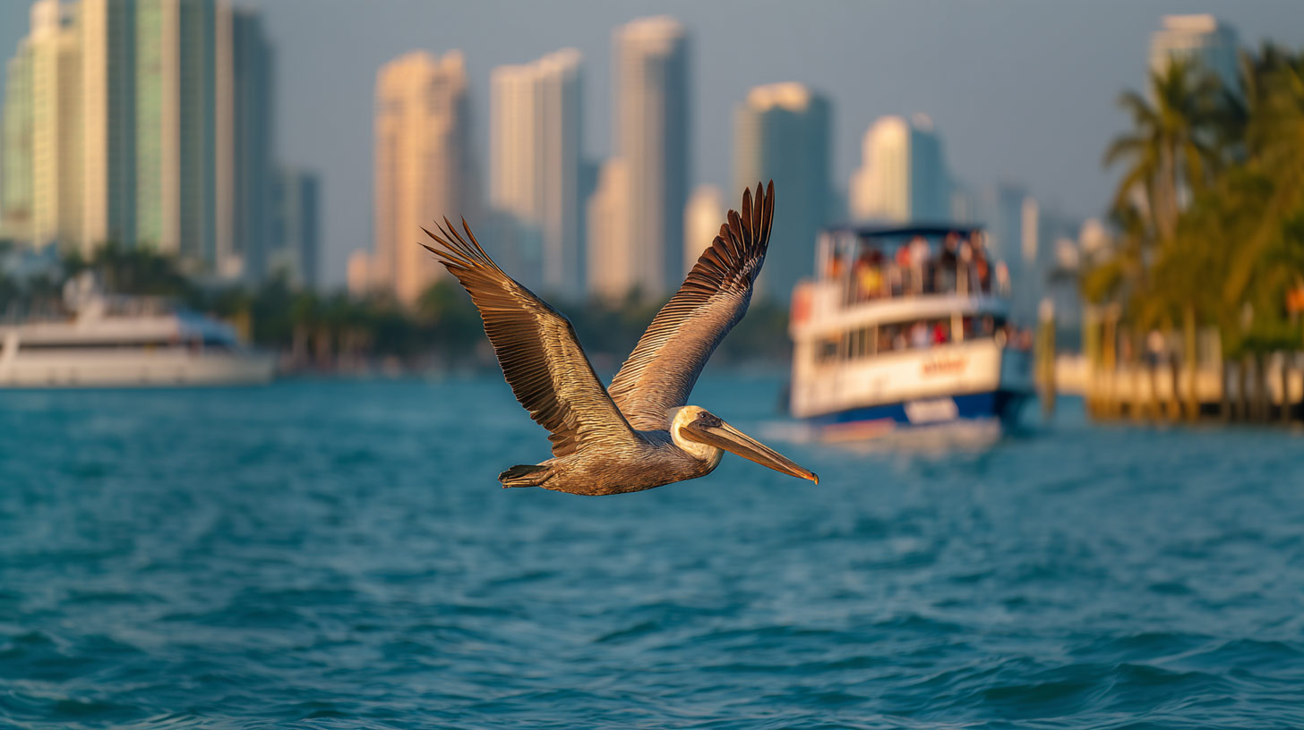 A pelican flys by the boat cruises as they navigate the bay 