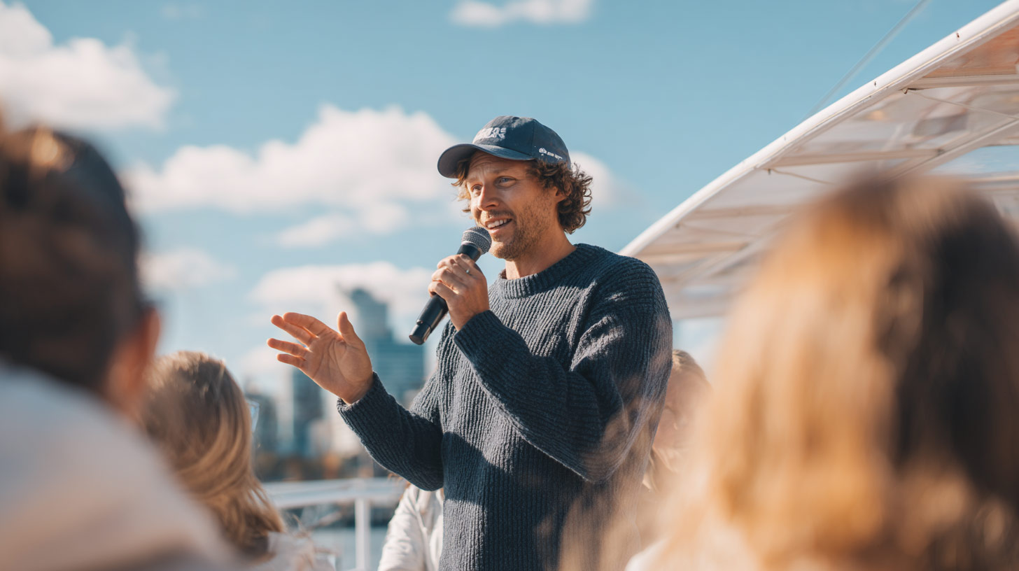 A tour guide provides useful information and tells fascinating stories during the cruise. 