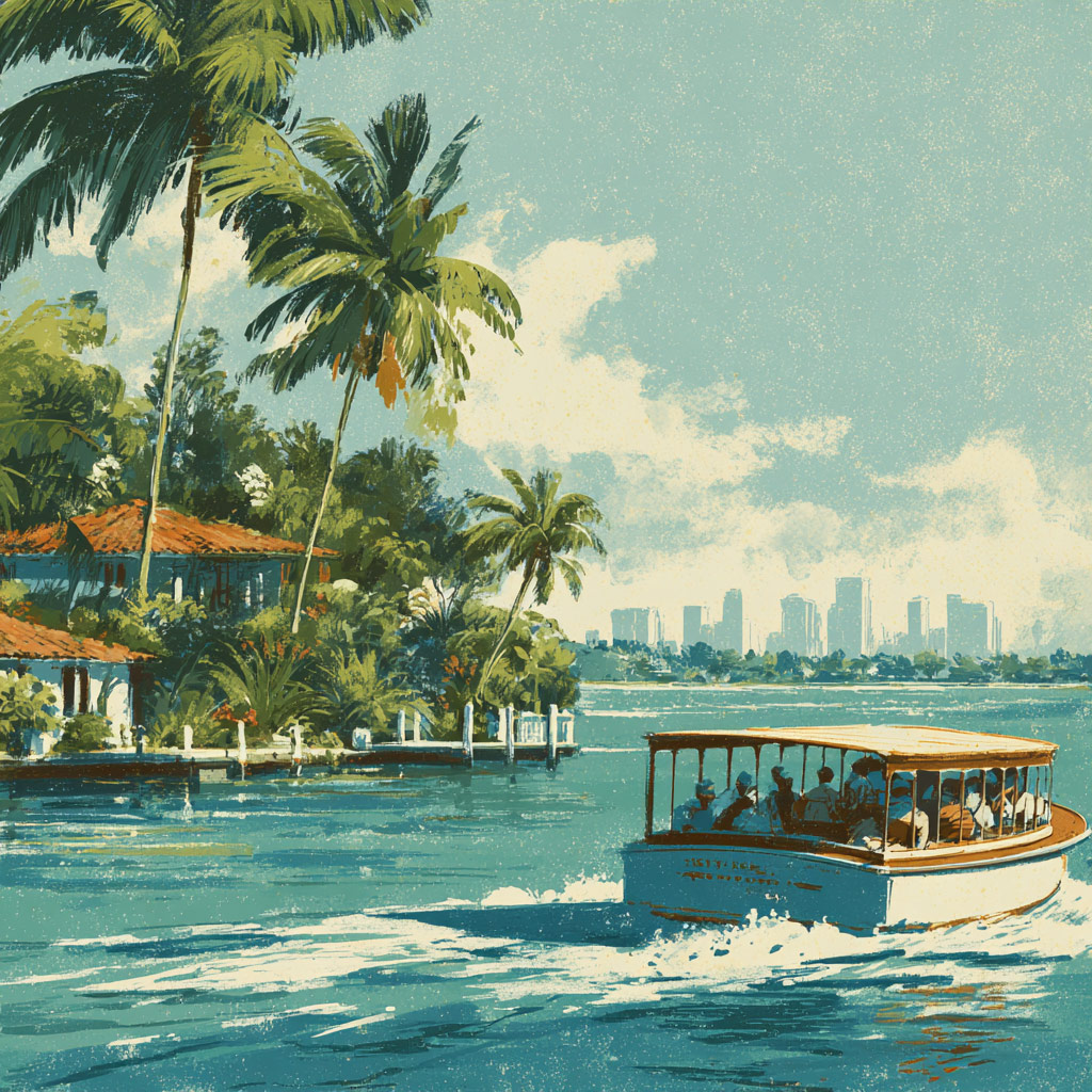 The boat cruises through the water's of Miami in this painting.