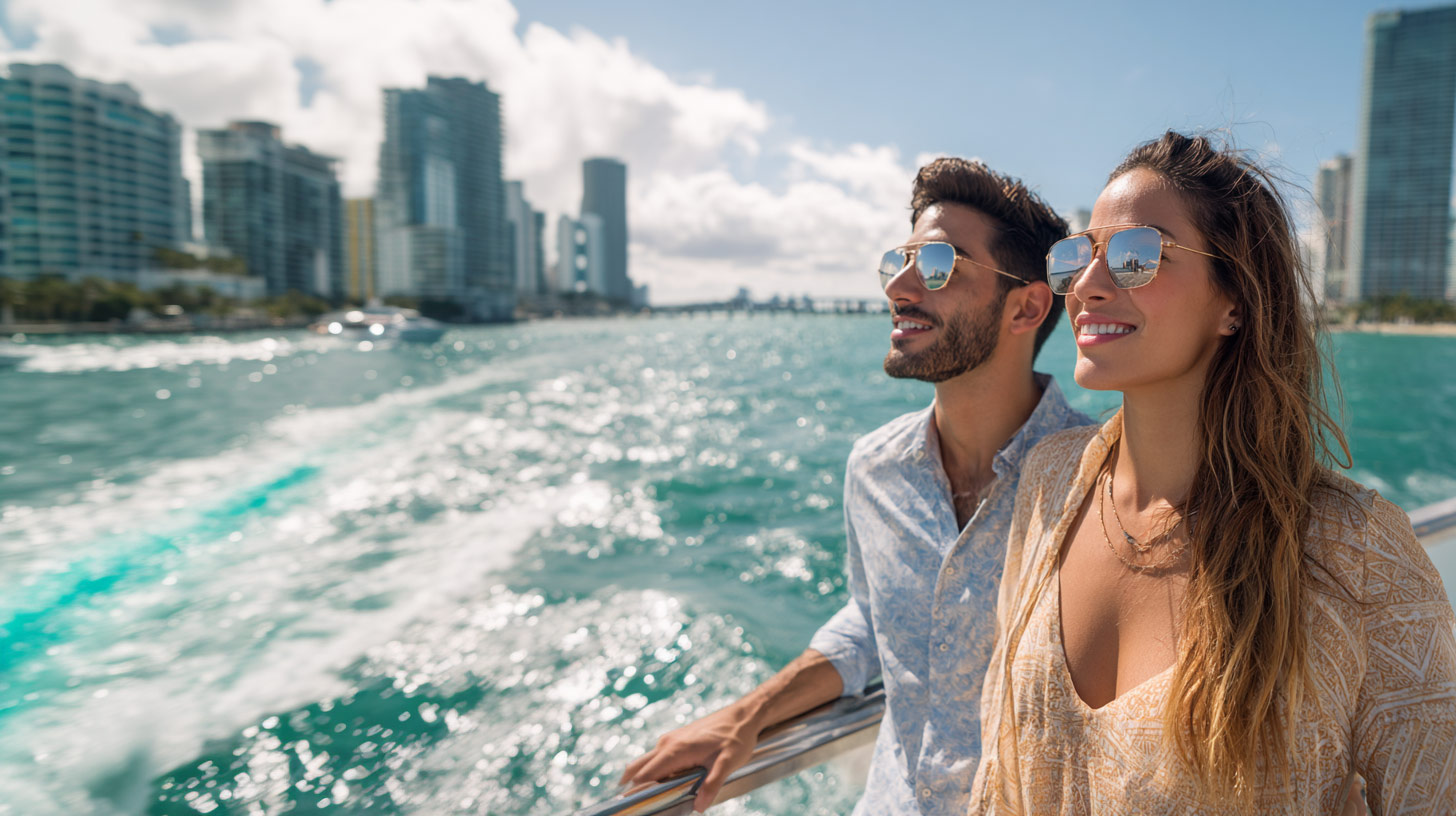 A European couple look hot next to Miami skyscrapers.