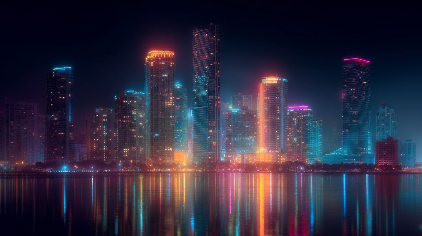 The last cruise of the day leads to views of Miami lit up at night.