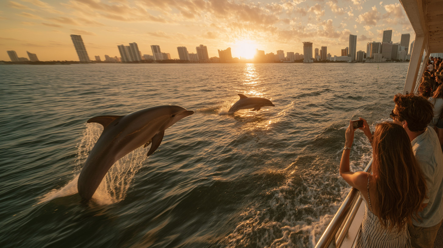 Dolphins swimming and jump near the city cruise during a tour..