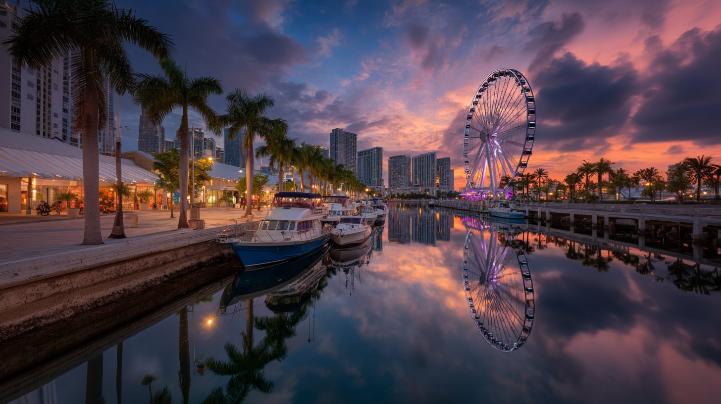 An aerial shot of the Port of Miami with the Venetian Islands in the background.